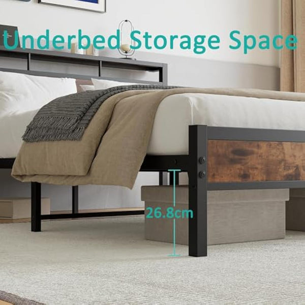 JELUTE King Bed Frame with Wooden Storage Shelf Headboard, Metal Platform Bed Frame, No Box Spring Needed, Noise Free, Reinforced Strong Support Leg, Black