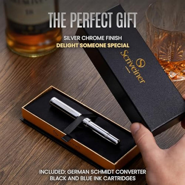 Scriveiner Silver Chrome Fountain Pen (Fine), Award Winning Luxury Pen, Heavy Pocket Pen, Chrome Finish, Schmidt Nib, Converter, Best EDC Writing Pen Gift Set for Men & Women, Nice Office Fancy Pen