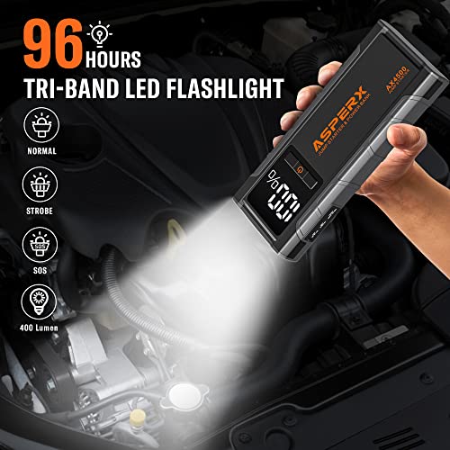 ASPERX Jump Starter Power Pack(Up to 10L Gas/8L Diesel), 3000A Car Battery Booster Jump Starter with LED Flashlight, Jump Leads and LCD Display, Jump Pack for 12V Vehicles, Pickup, SUV, Motorcycle