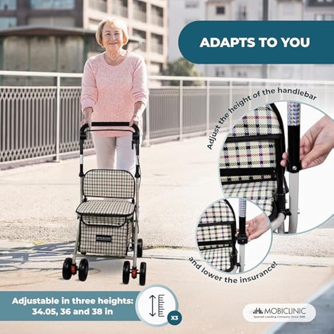 Mobiclinic®, Shopping Trolley with Seat, Mobility Walker, 21L, Walker for Adults, Foldable, Rollator, Trolley with Backrest, Shopping Trolley on Wheels, Bag Removable, Directional Locking