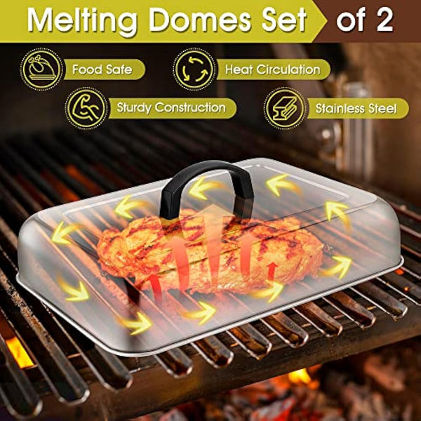 Herogo Cheese Melting Dome Set of 2, Rectangular Stainless Steel Steam Basting Cover with Heat Proof Handle, Ideal for BBQ Flat Top Griddle Grill Kitchen, Dishwasher Safe