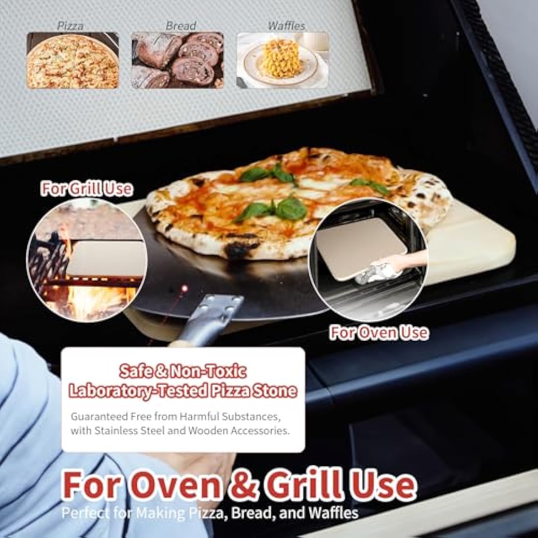 Pizza Stone and Peel Set -Bread Baking Stone （35X40CM） for ORectangular Stone for Oven and Grill–Innovative Threaded Heat Transfer Design