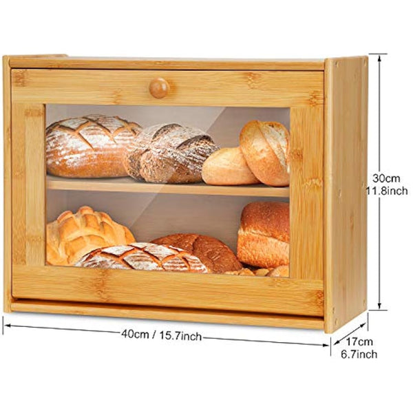 Double Layer Bamboo Bread Box with Clear Window, Large Capacity Bread Storage Bin- Kitchen Countertop Storage Box for Bread, Pastries & Baked Goods - Easy Self-Assembly Organizer