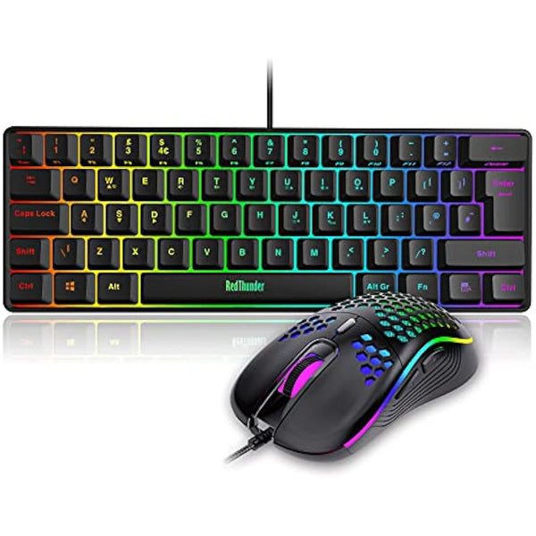 RedThunder 60% RGB Gaming Keyboard and Mouse Combo, UK Layout Ultra Compact Backlit Mini Keyboard, Lightweight 7200 DPI Cellular Optical Mouse, Portable Wired Gaming Set for PC PS5 Xbox Gamers (Black)