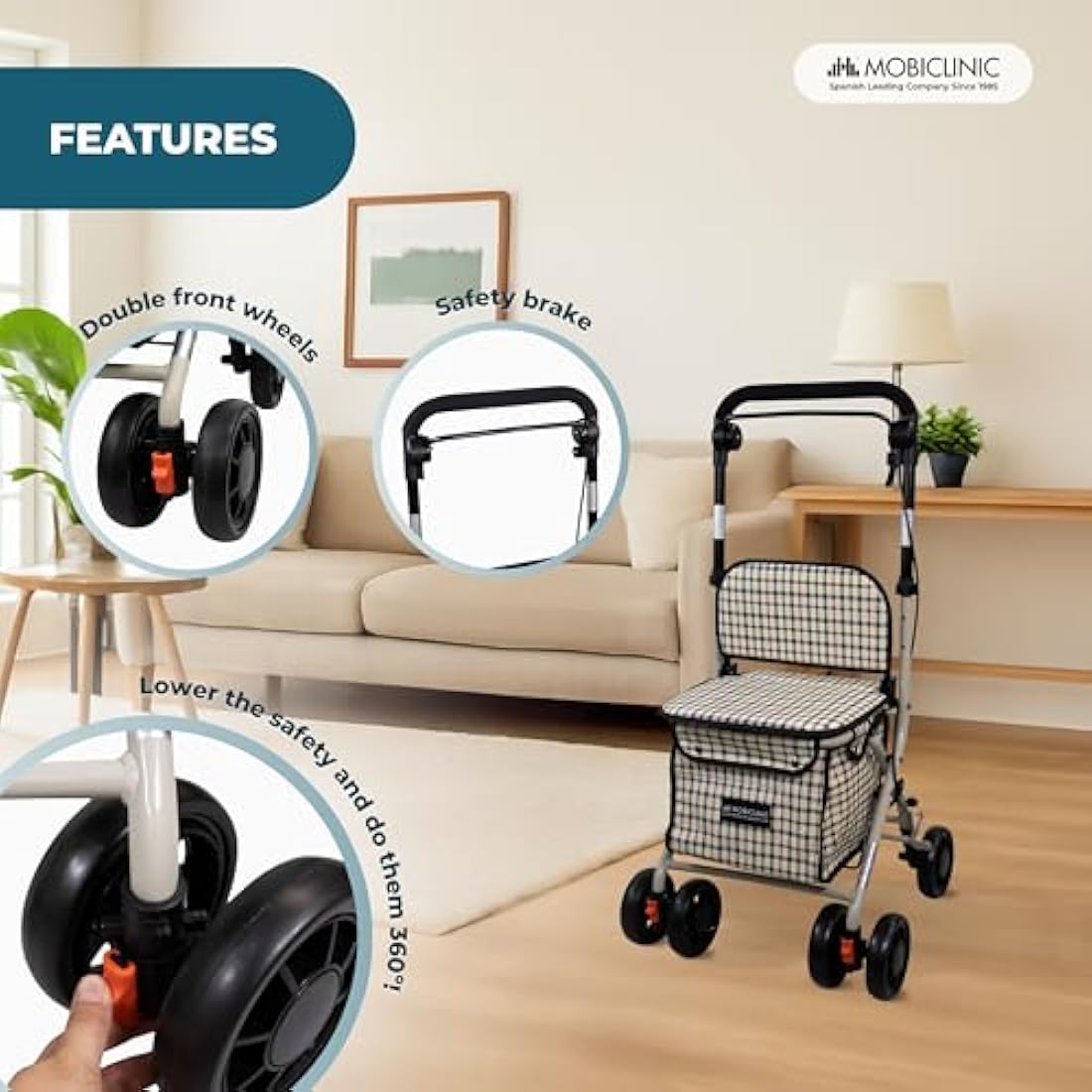 Mobiclinic®, Shopping Trolley with Seat, Mobility Walker, 21L, Walker for Adults, Foldable, Rollator, Trolley with Backrest, Shopping Trolley on Wheels, Bag Removable, Directional Locking