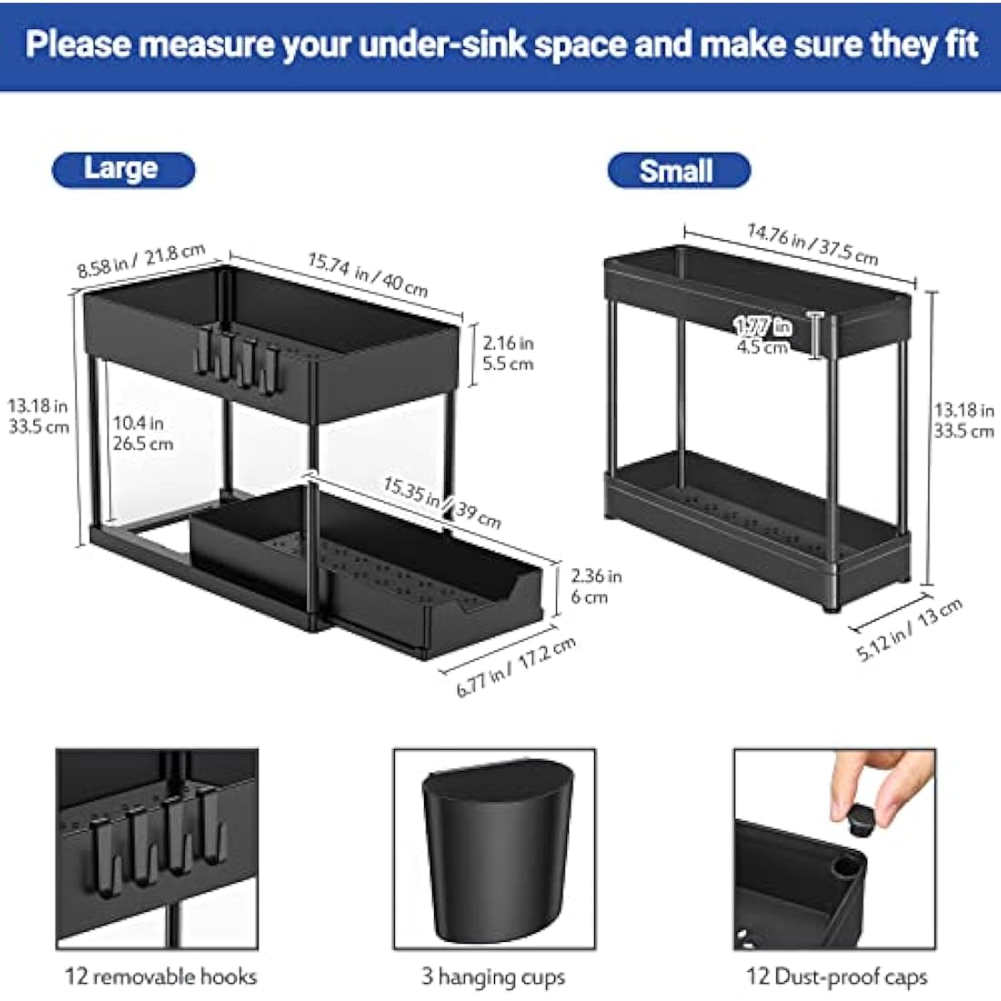 Puricon 3 Pack Under Sink Storage Kitchen Organiser, Pull Out Under Sink Organiser Kitchen, 2 Tier Sliding Under Sink Storage Drawer Under Sink Shelf -Black