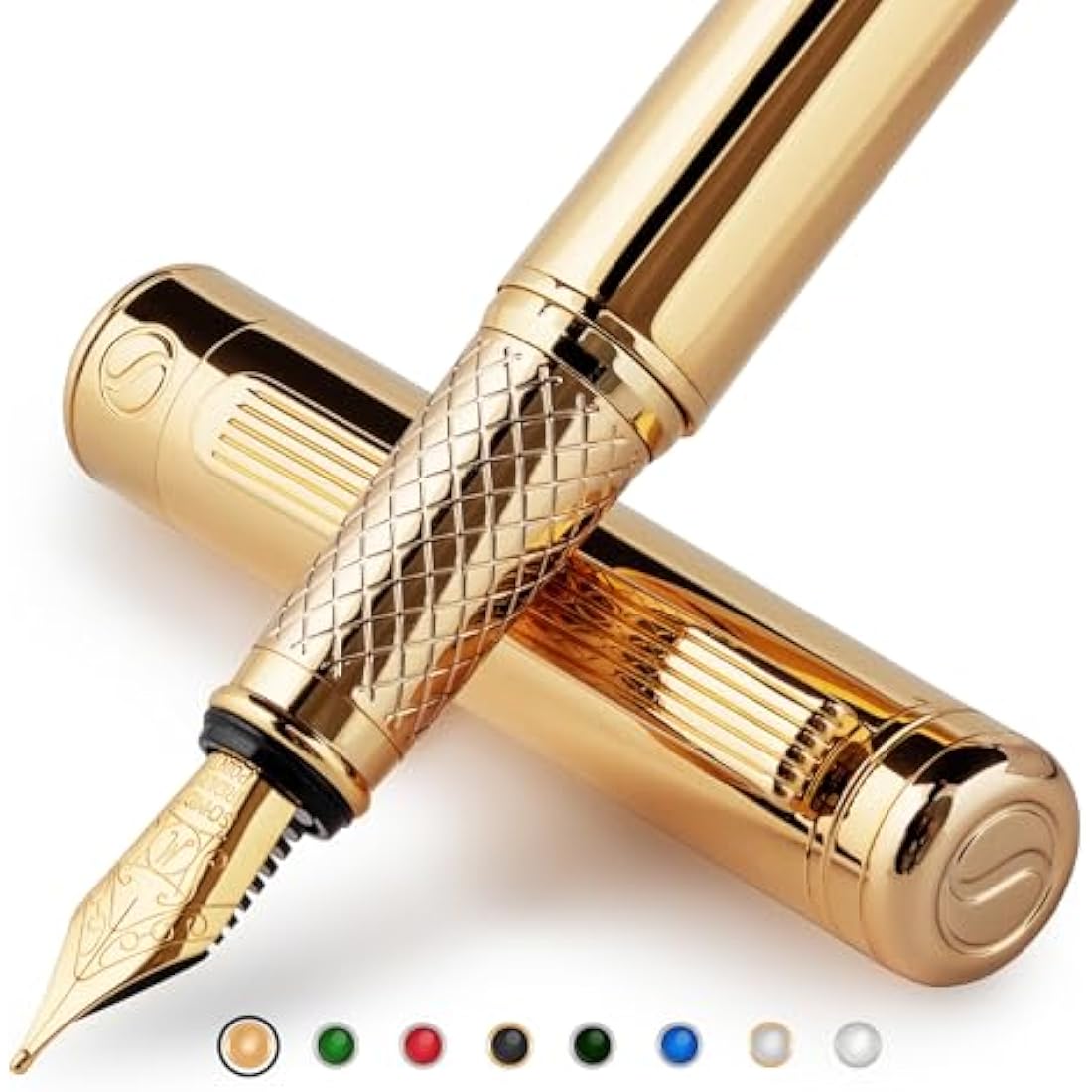Scriveiner Luxury Fountain Pen - Stunning Gold Pen, Real Gold Plating, Schmidt Gilded Nib (Medium), Converter, Best Pen Gift Set for Men & Women, Professional, Executive, Office, Nice Pens