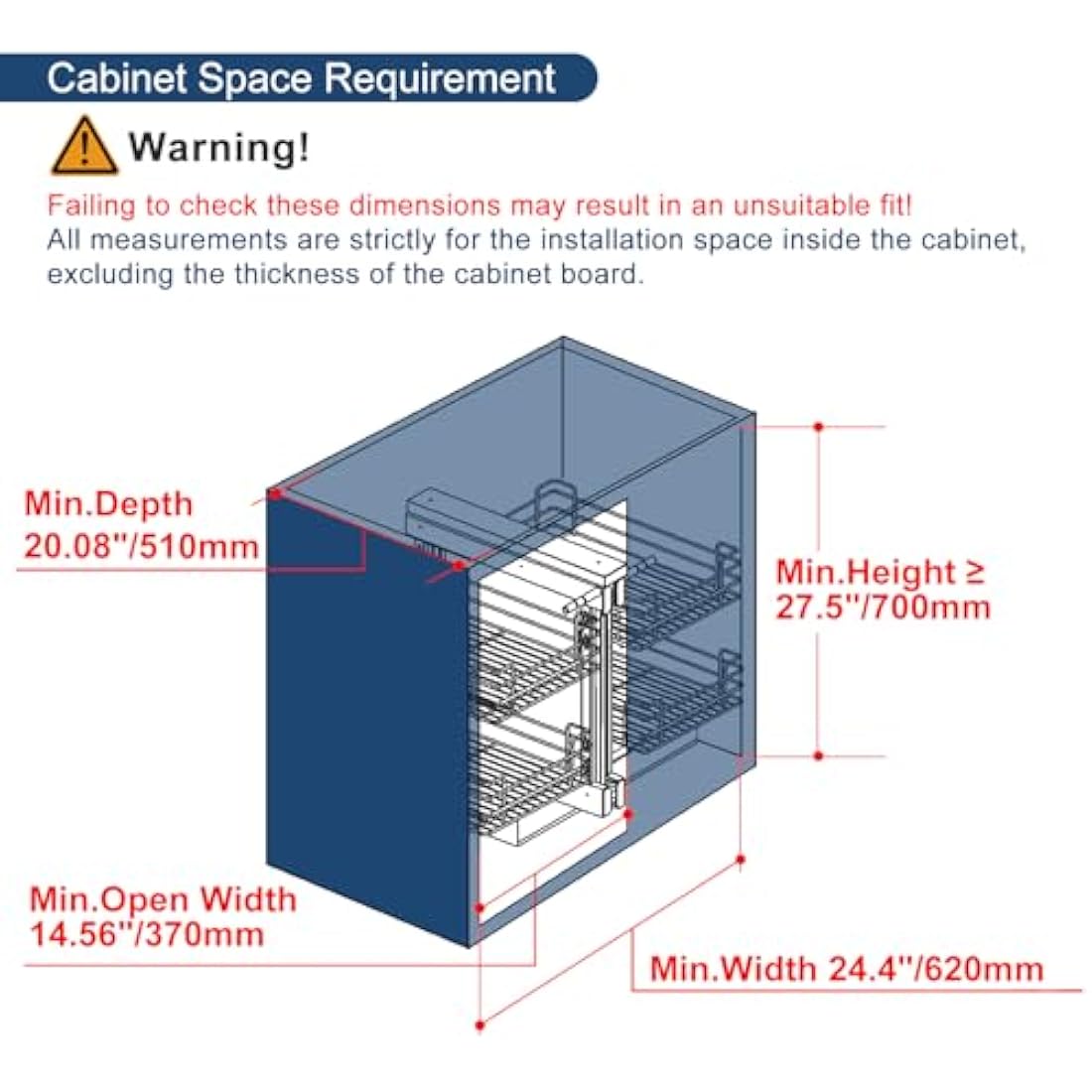 VADANIA Blind Corner Pull Out Organizer for 800mm Cabinet Left Open & Right Open Compatible, Min Opening 370mm, 2-Tier Pull-Out Basket, Soft Close, Bottom Mount