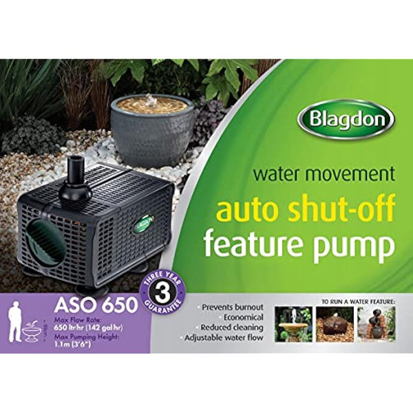 Blagdon Water Feature Pump with Auto Shut Off Sensor Prevents Burnout, Adjustable Flow Control, Reduced Cleaning, 3 Hose Fitting Adaptors, Pumps up to 650 Litres/Hour, Max Pumping Height 1.1m
