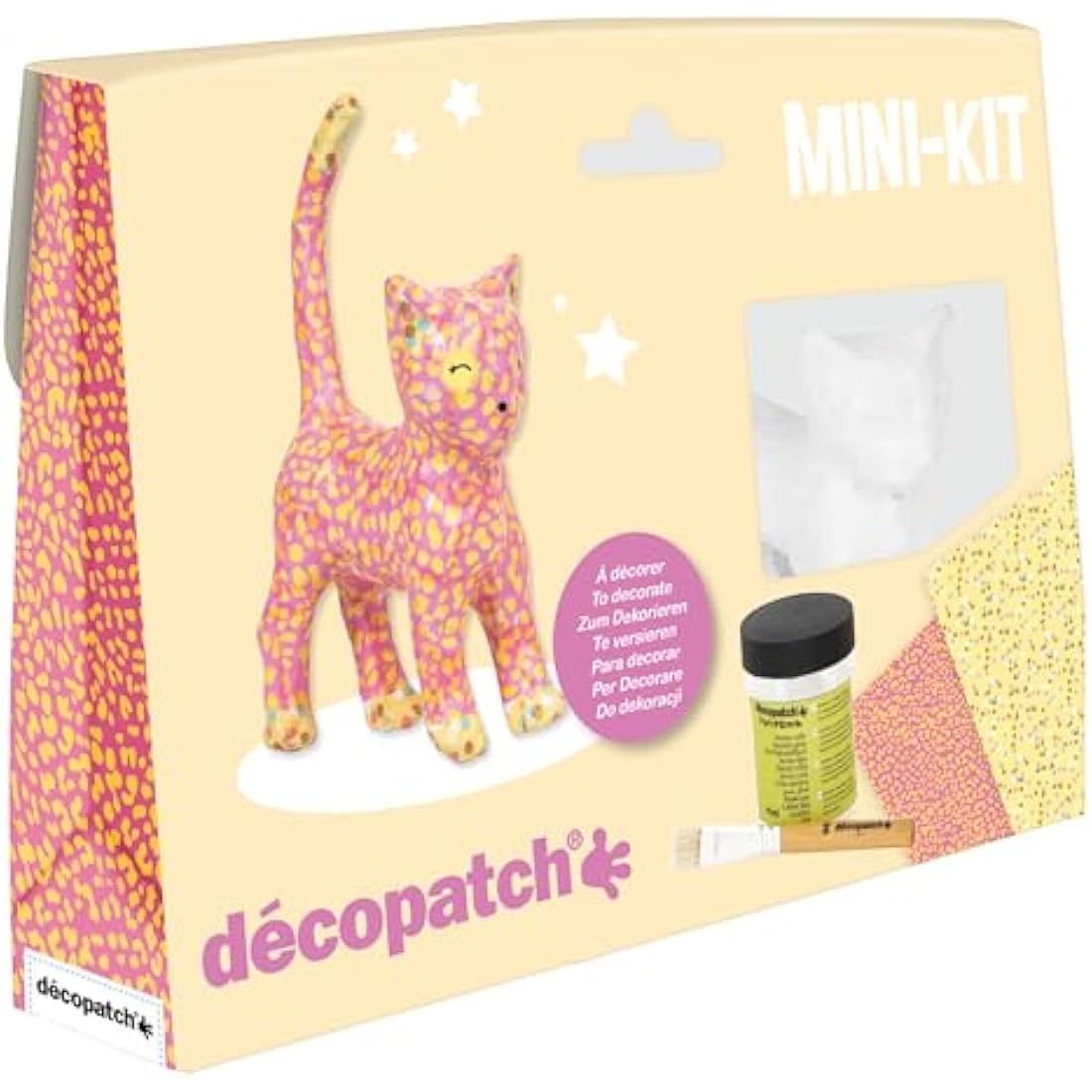 Décopatch - Ref KIT012O - Cat Mini Kit - Suitable for Children - Includes White Papier Mache Animal, 2 x Décopatch Sheets, Brush & Pot of PaperPatch Glue