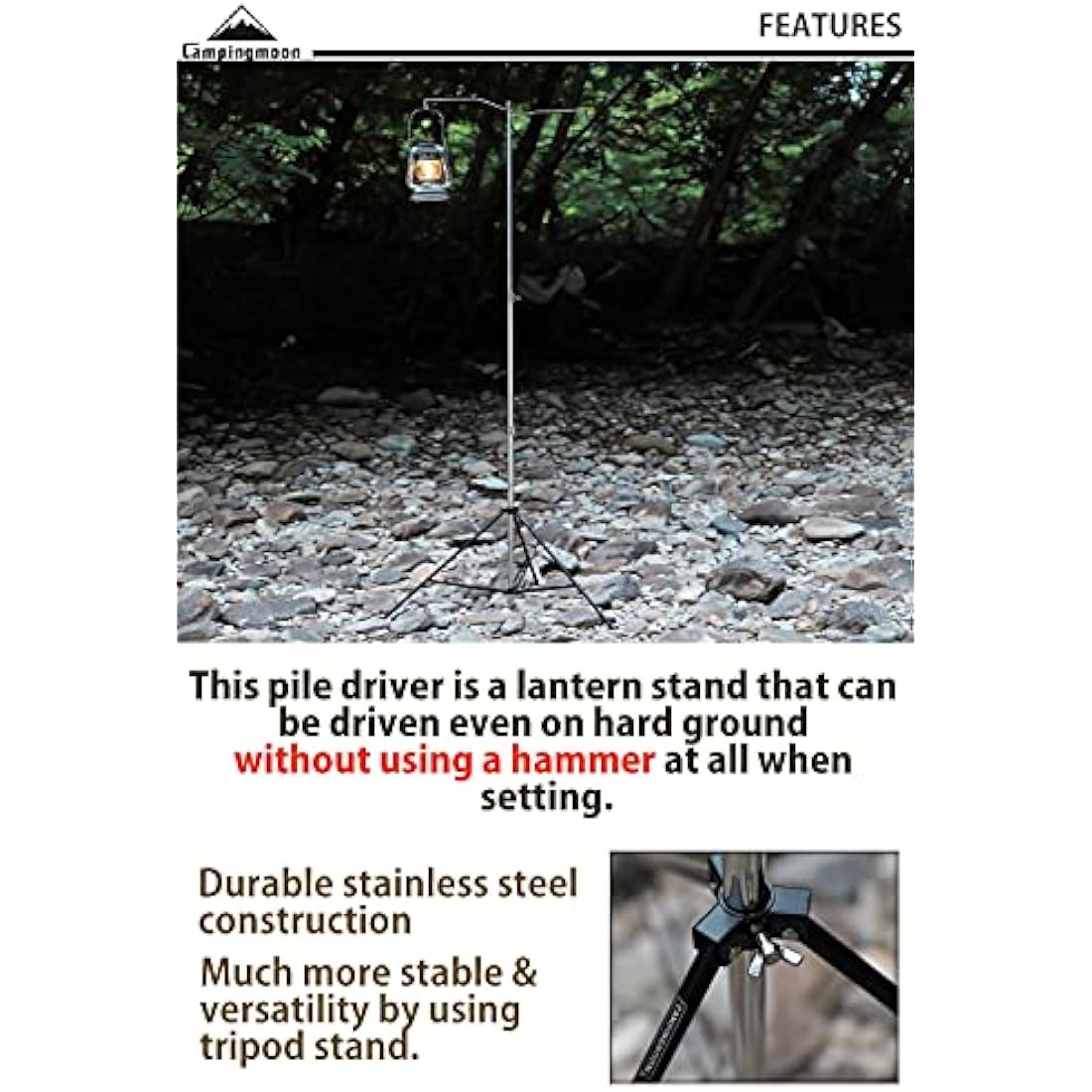 camping moon CAMPINGMOON Heavy Duty Stainless Steel Lantern Pile Driver Height Adjustable with Tripod Stand and Storage Bag D-240, D-243