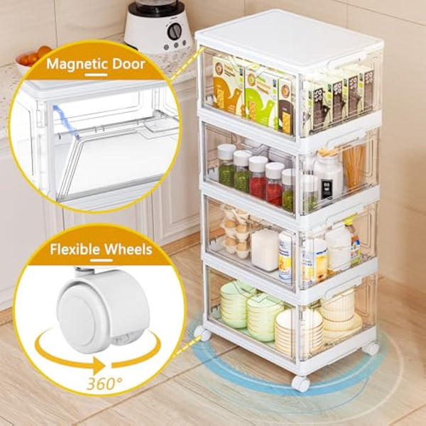 TidyTrove Storage Boxes with Lid - 23L*4 Plastic Storage Box with Front Door, 4 Tier Stackable Boxes, Plastic Drawers, Large Storage Box with Lid for Kitchen Storage & Organisation