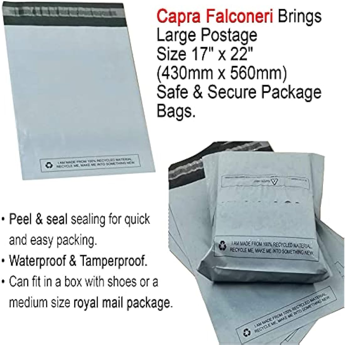 Large 10x Grey Mailing Bags 17” x 22” Polythene Self Seal Big Plastic Envelopes 100% Recyclable - Parcel Postal Postage Packaging Bags Strong Packaging Bags