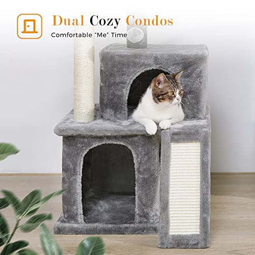 PETEPELA Cat Tree 86cm Cat Tower with Double Condos, Removable Spacious Perch, Fully Wrapped Scratching Sisal Posts, Replaceable Dangling Balls, 35