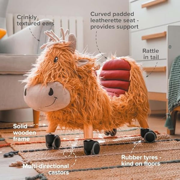 Little Bird Told Me - Hubert Highland Cow Award Winning Ride On Toy for Toddler 12+ Months Unisex - Soft Animal Toy on Wheels, Sturdy Wooden Frame, Wipe Clean Supportive Seat, British Brand Since 2007