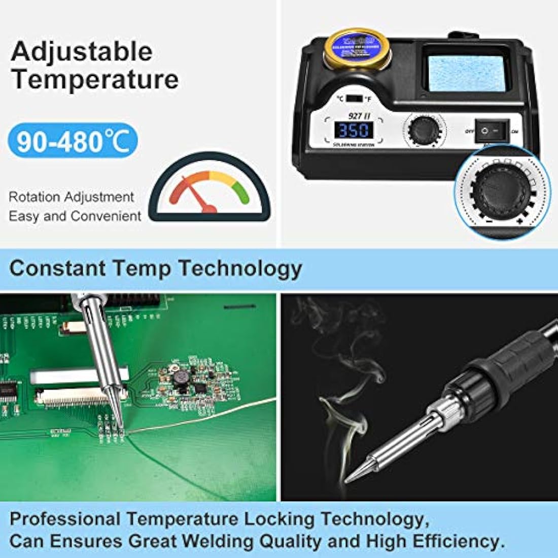Preciva 60W Professional Digital Solder Workstation, LCD Display, 90-480℃ Adjustable Temperature, 5 Tips, Solder Wire, Frame, Sponge, Suction Device