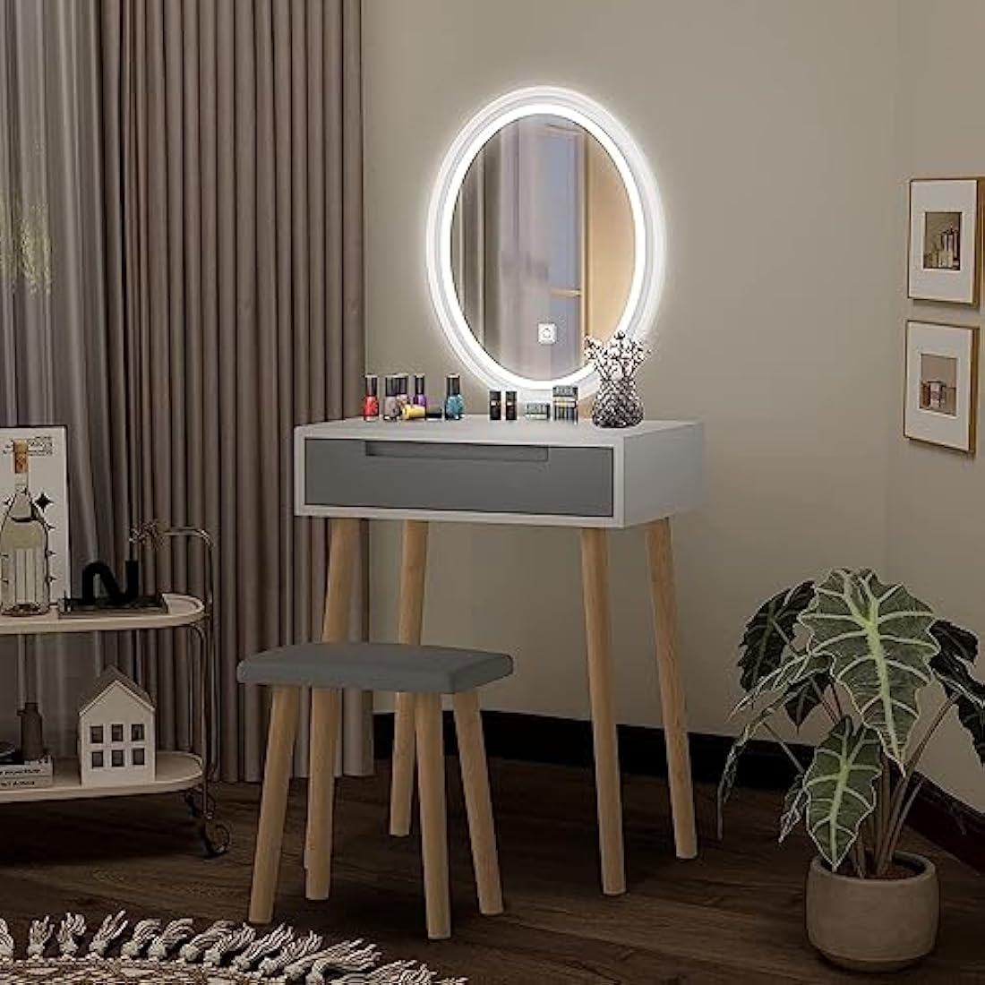 YOURLITE Makeup Vanity Table Set Dressing Table Vanity Cabinet with Stool Dresser with LED Mirror, White, 1 Drawer
