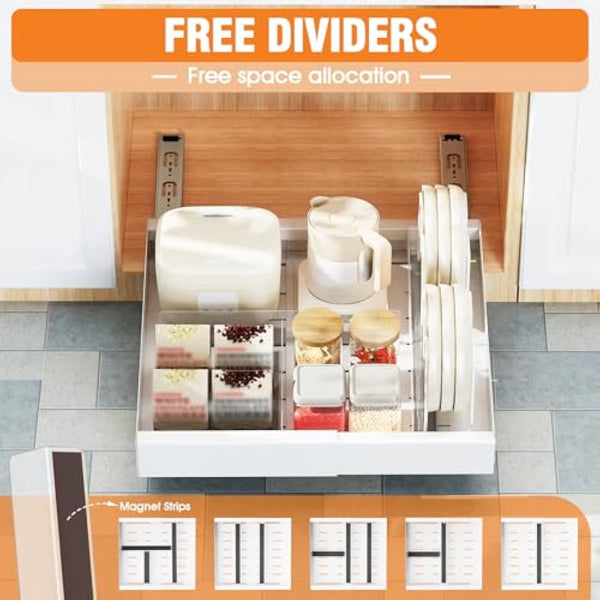 Ronlap Slide Out Drawer, Extendable Pull Out Cabinet Organizer Kitchen Cupboard, 43CM x 29-45 CM Extendable Sliding Drawer, No Drilling and Nailing, Kitchen Storage White