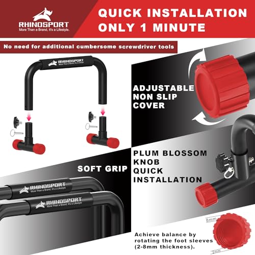 RHINOSPORT Parallettes Bars Dip Calisthenics Push Up Bars 10.2 in High 300Kg/661lbs Weight Capacity Strength Training Home Gym Workouts Calisthenics