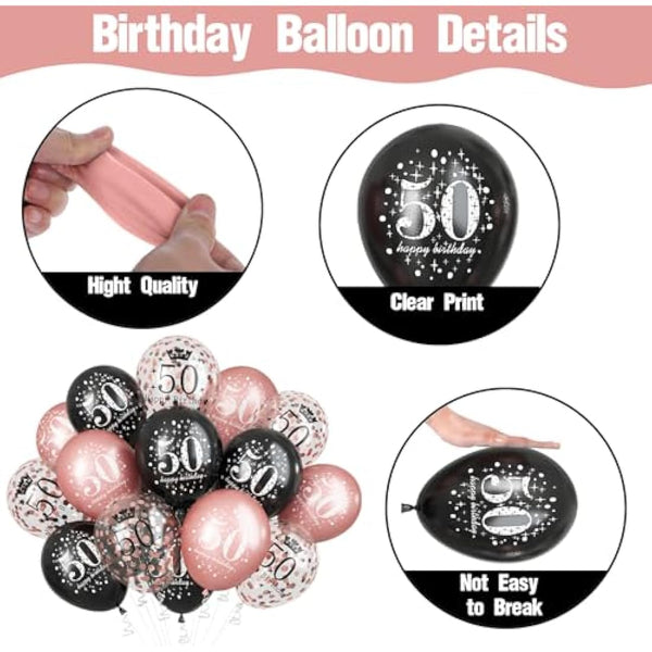 50th Birthday Decorations for Women, Pack of 15 Happy 50th Birthday Balloons Black Rose Gold Confetti Latex Helium Balloons for Her Age 50 Years Old 50th Birthday Party Decor Celebration Supplies