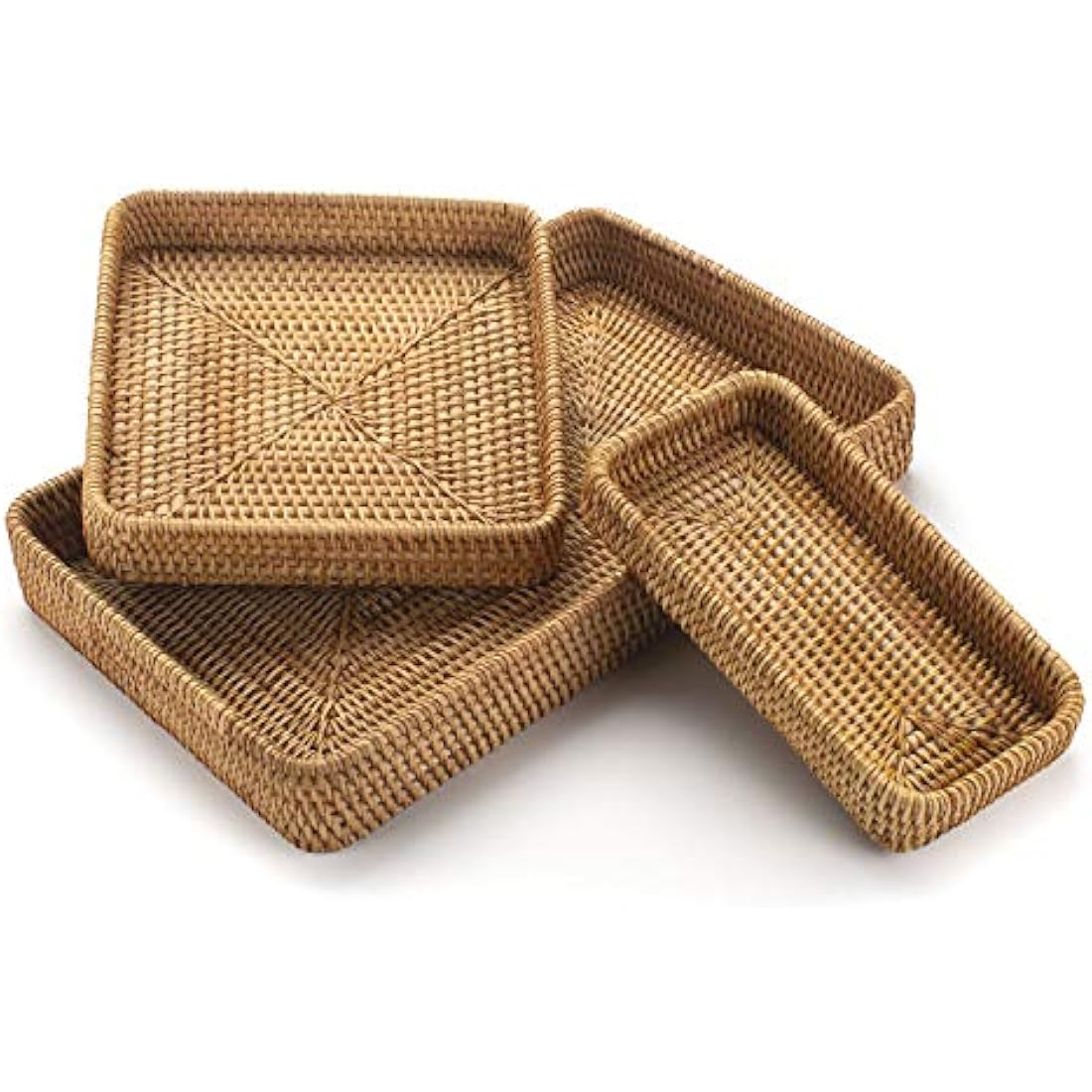 Set of 3, Rattan Serving Tray, Rectangular Wicker Tray, Natural Woven Decorative Serving Baskets for Organizing Tabletop Kitchen Counter