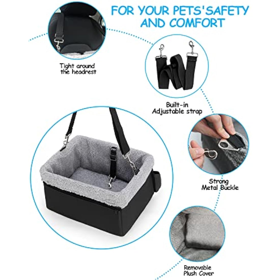 UNICITII Dog Car Seats for Small Dogs-Elevated Pet Dog Booster Seat for Dog,Raised Dog Lookout Car seat w/Clip-On Safety Leash Adjustable Pet Travel Seat, Black-9kg (BGUN-PS002c)