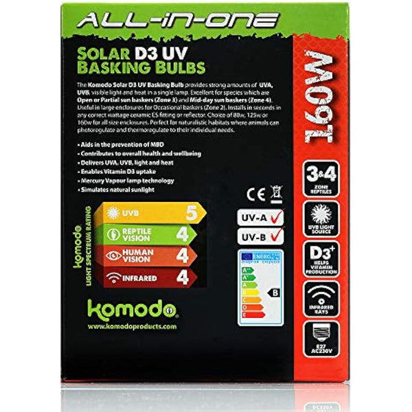 Komodo Solar D3 UV Basking Bulb Heat and Light Bulb for Desert & Tropical Reptile Habitats, Terrarium & Vivarium Lighting 160W