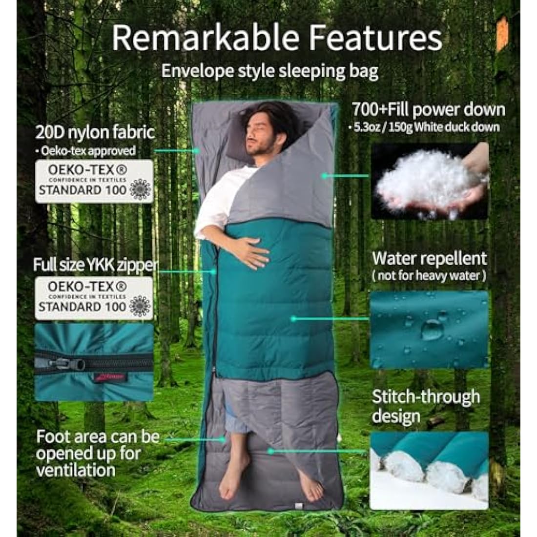 Litume Lightweight, Packable Sleeping Bag - 5-15°C, Double, for Backpacking, Camping, Family, Compact with Stuff Sack