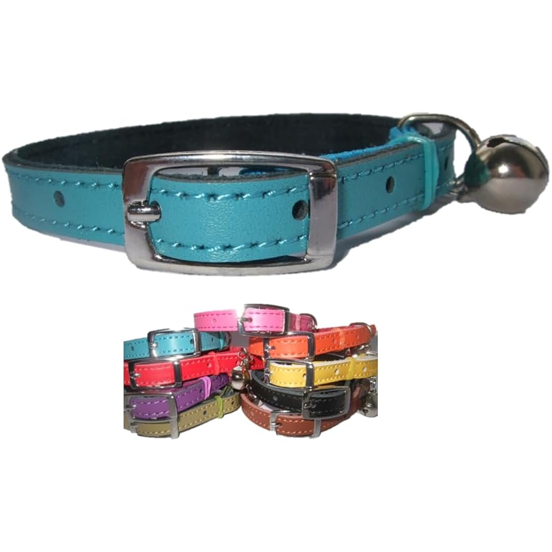 Leather cat/ kitten collar pink, blue, brown and red safety elastic (blue)