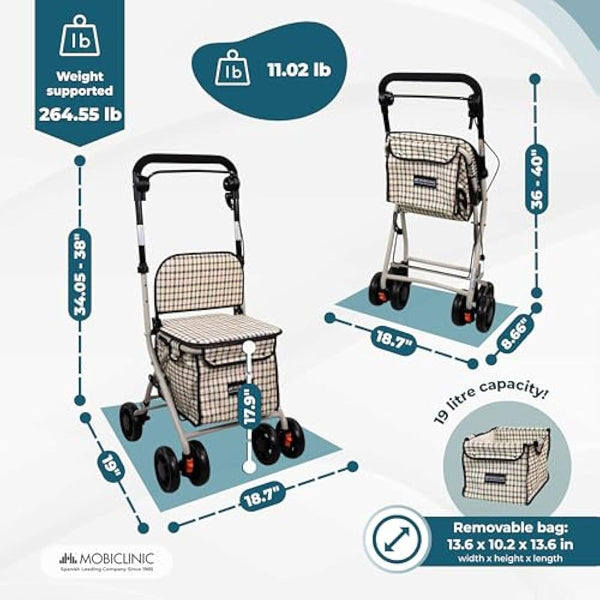 Mobiclinic®, Shopping Trolley with Seat, Mobility Walker, 21L, Walker for Adults, Foldable, Rollator, Trolley with Backrest, Shopping Trolley on Wheels, Bag Removable, Directional Locking