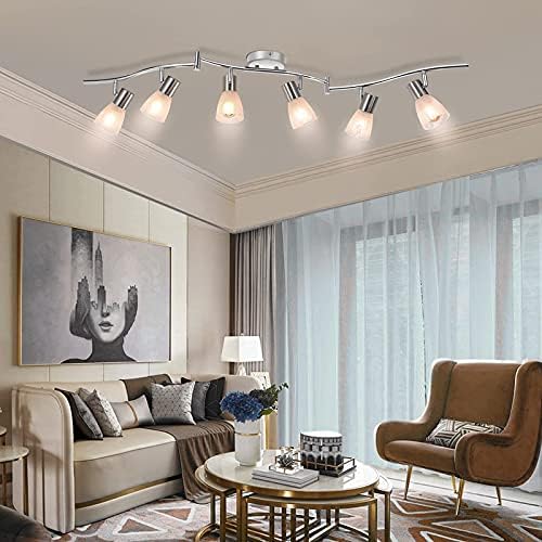 Unikcst Modern LED Ceiling Light Rotatable 6 Way Spotlight Bar Brushed Nickel Spots Fitting for Kitchen Living Room with 6X 4W E14 Bulbs Warm White