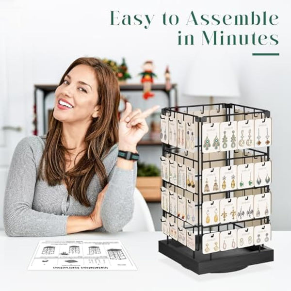 EsLuker.ly Rotating Earring Display Holder Stand for Vendors Events Selling, Large Capacity 64 Hooks Jewelry Rack with Wooden Base for Earring Card Sales, Enhances Retail Visibility (Black+Black)