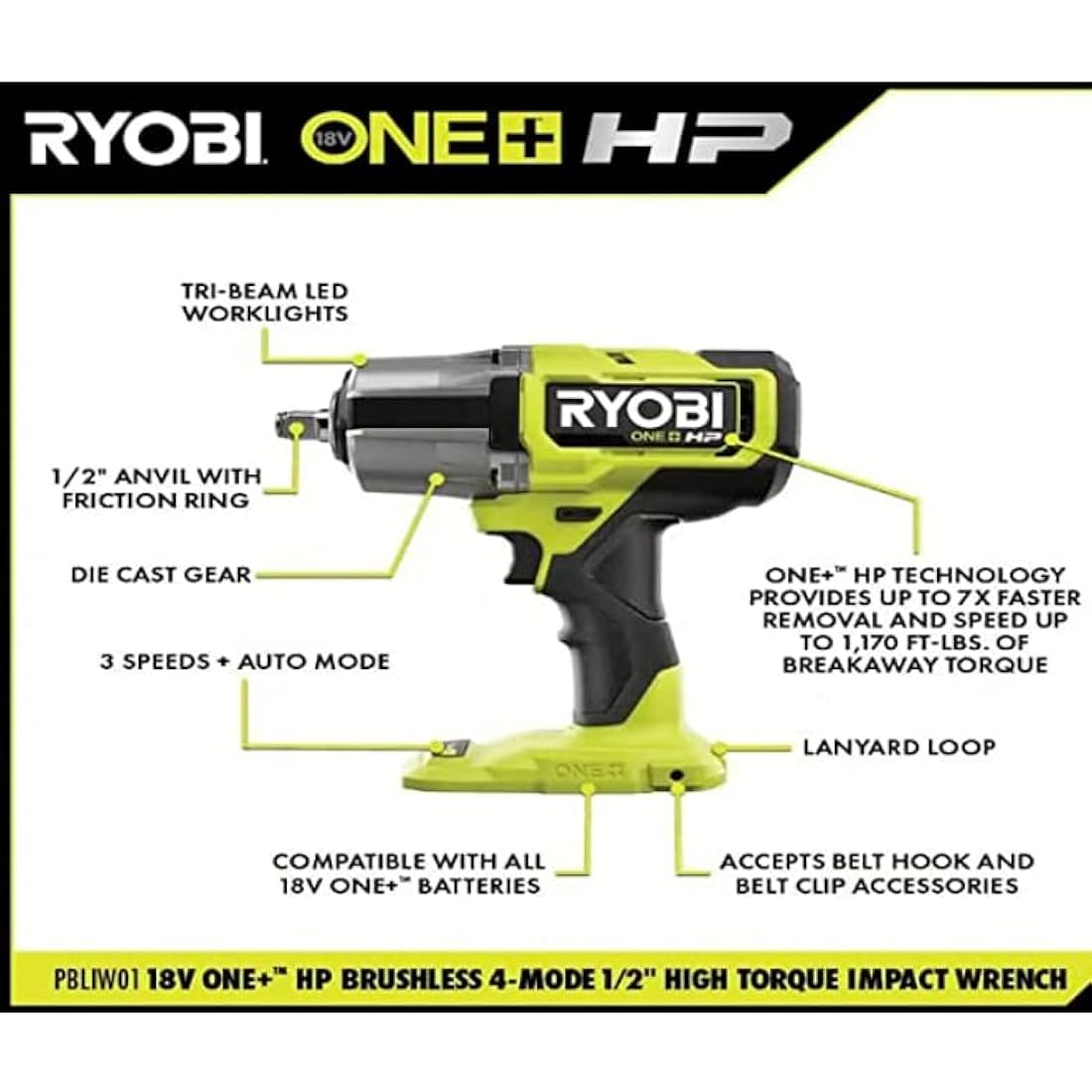 RYOBI - ONE+ HP 18V Brushless Cordless 4-Mode 1/2 in. High Torque Impact Wrench (Tool Only) - PBLIW01B