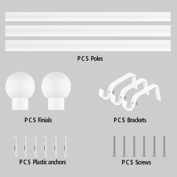 16/19mm Dia 120-210cm Extendable Curtain Pole Set, White, Ball Finials 48-84inch