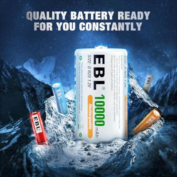 EBL 6 Counts D Rechargeable Batteries 10000mAh High-capacity D Size NiMH Batteries with Durable Storage Case for D Cell Rechargeable Batteries