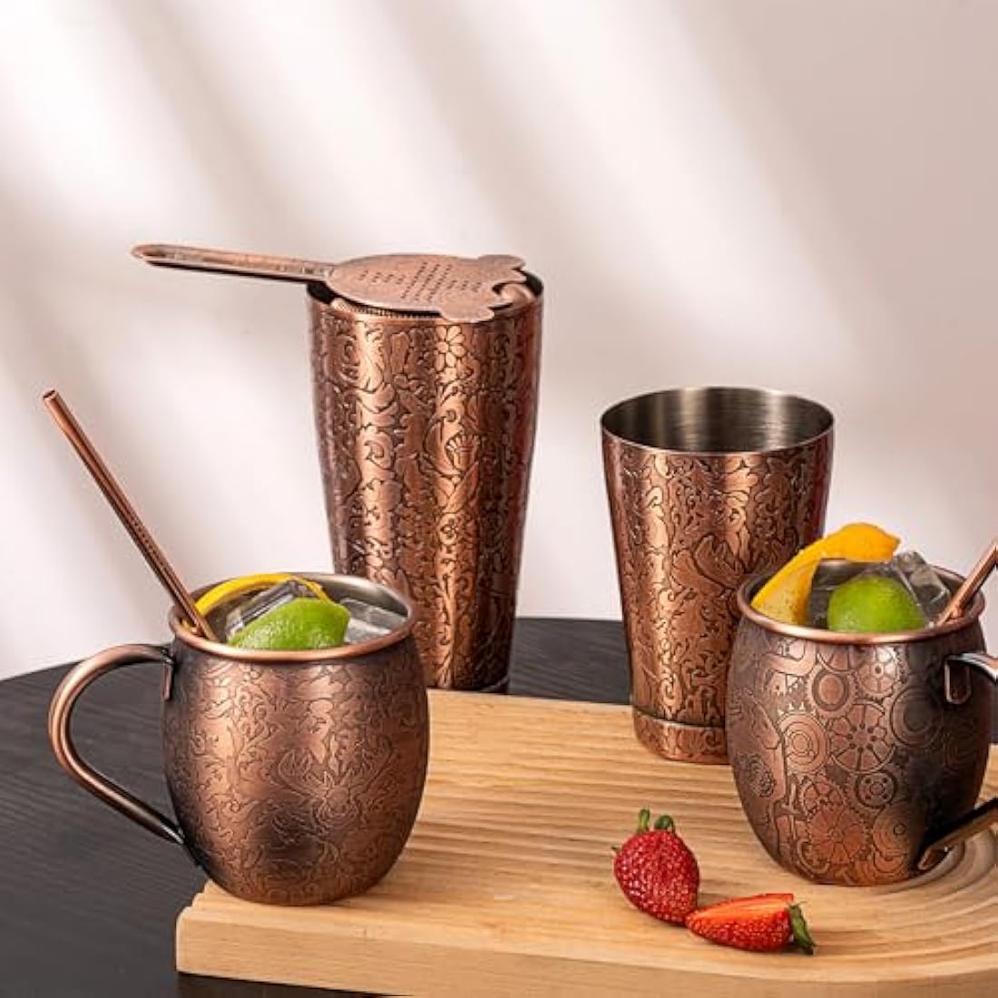 SKY FISH Boston Cocktail Shaker Set, 3D Embossed Design Bartender Set, 18-Piece Cocktial Making Kit, Stainless Steel Barware Tool Set, Antique Copper