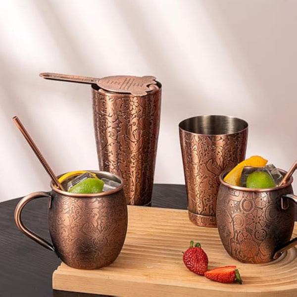 SKY FISH Boston Cocktail Shaker Set, 3D Embossed Design Bartender Set, 18-Piece Cocktial Making Kit, Stainless Steel Barware Tool Set, Antique Copper