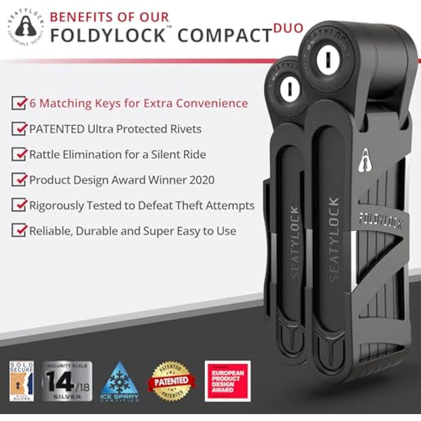FoldyLock Compact Folding Bike Locks - Set of 2 Matching Bike Locks with 6 Identical Keys - Patented Lightweight Heavy Duty Anti Theft with Carrying Cases for Bicycles and E-Bikes - 85 cm