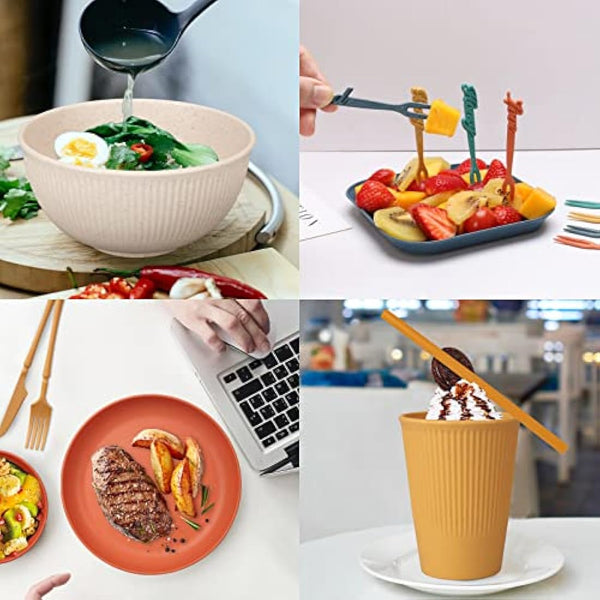 66pcs Unbreakable Tableware Sets for 6 People, Plastic Plates and Bowls Set,Lightweight Colorful Plastic Camping Plates, Bowls, Cups,Cutlery Set, Straw, Forks,Children Dinnerware Set