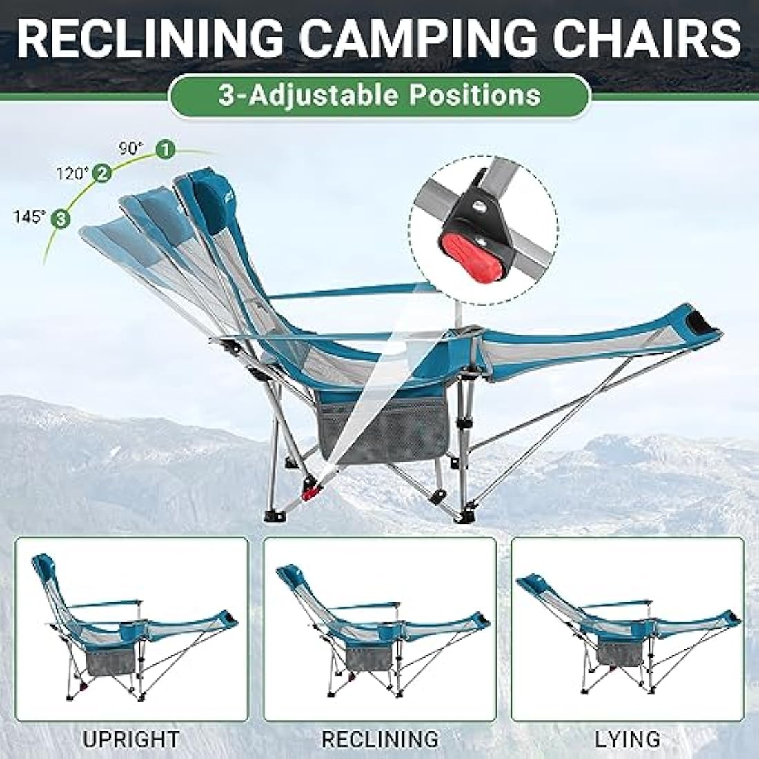 #WEJOY Camping Chairs Folding Recliner Chair Adjustable with Detachable Footrest Headrest Cup Holder Lightweight Portable Reclining Camp Chair Fold Up Chair for Outdoor Beach Garden, Cyan Set of 2