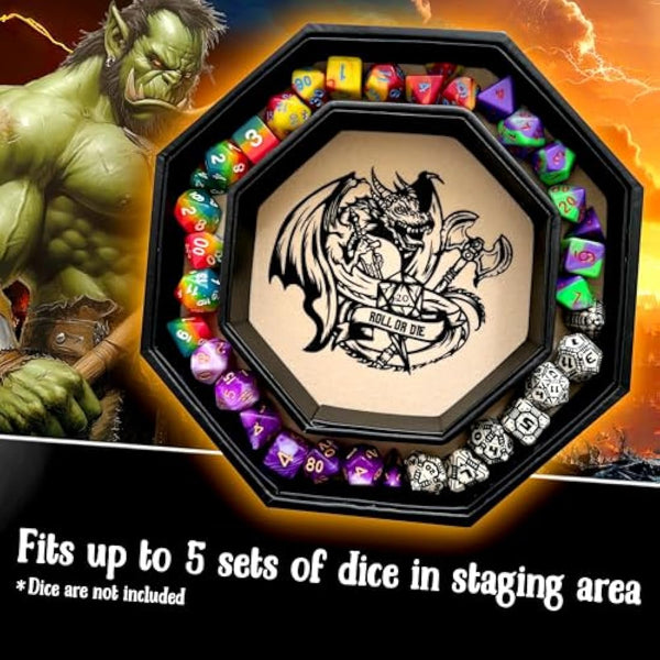 Fantasydice- Fire Dragon - Dice Tray - 20CM Octagon with Lid and Dice Staging Area- Holds 5 Sets of Dice(7 / Standard) For All Tabletop RPGs Like D&D, Call of Cthulhu, Shadowrun. (Chromatic)