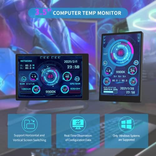 GOWENIC 3.5in Mini IPS Screen, Portable USB C AIDA64 CPU RAM Data Monitor Computer Temperature Display PC Sensor Panel Display, 360° Rotation, Only Support for Windows System