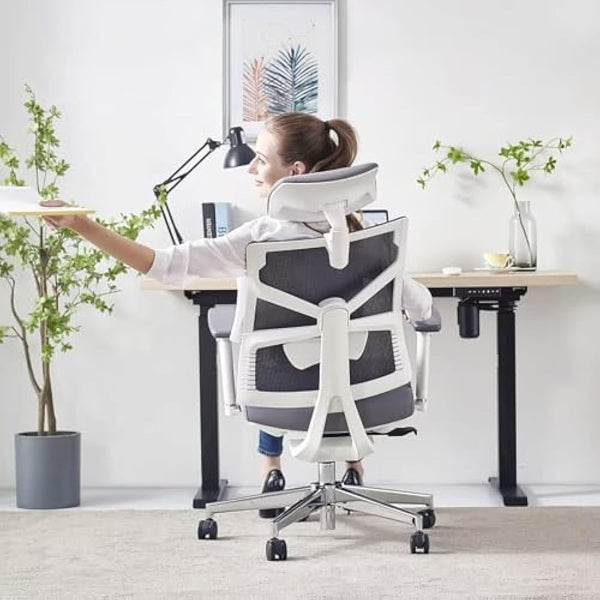 HOLLUDLE Ergonomic Office Chair with Adaptive Backrest, High Back Computer Desk Chair with 4D Armrests, Adjustable Seat Depth, Lumbar Support and 2D Headrest, Swivel Task Chair, White