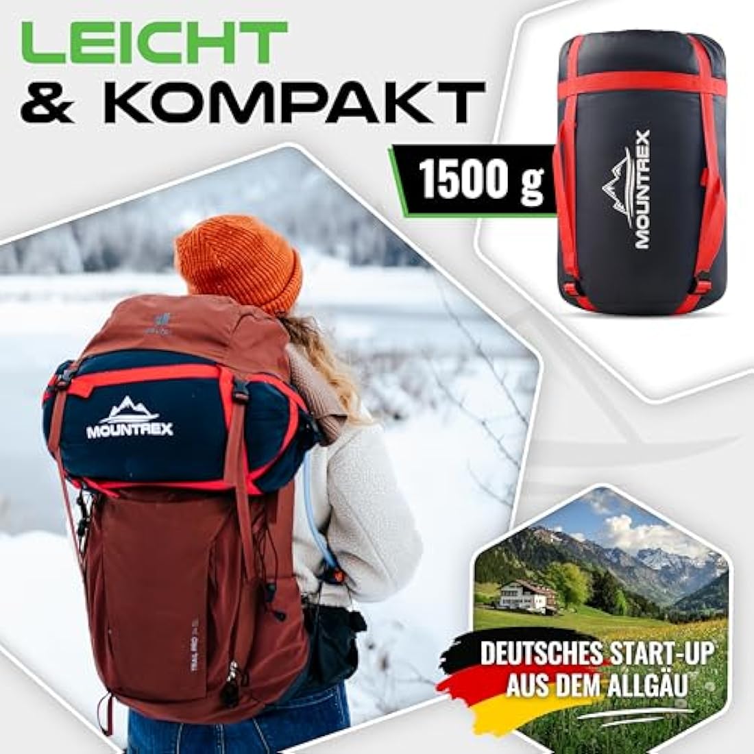 MOUNTREX® sleeping bag – Ultra Light (720g) with Small Pack Size - Outdoor Summer Sleeping Bag - Mummy Shape (205x75cm) - Compact, Warm, Lightweight - for Camping, Travel, Backpacking or Festivals