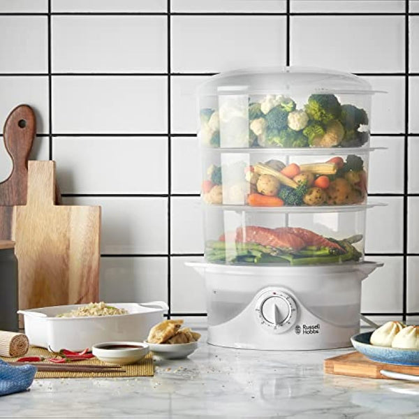 Russell Hobbs 3 Tier Electric Food Steamer, 9L, Dishwasher safe BPA free baskets, Stackable baskets, 1L Rice bowl inc, 60 min timer, Steams in 40 seconds, Healthy eating, Energy saving, 800W, 21140