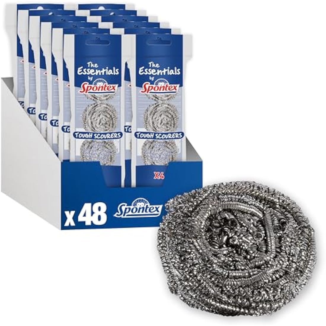 Spontex The Essentials Tough Metal Scourers | Stainless Steel Scouring Sponges | Heavy Duty for Easy Washing Up, Grease Removal and Dish Scrubbing | 12 x 4 Pack (48 Total)