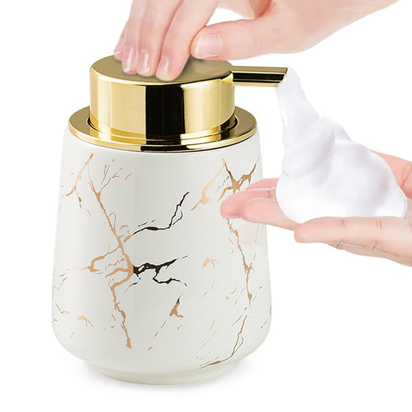 Marble Foam Soap Dispenser for Bathroom, Chic Ceramic Bottle, Gold Soap Dispenser Pump (White)