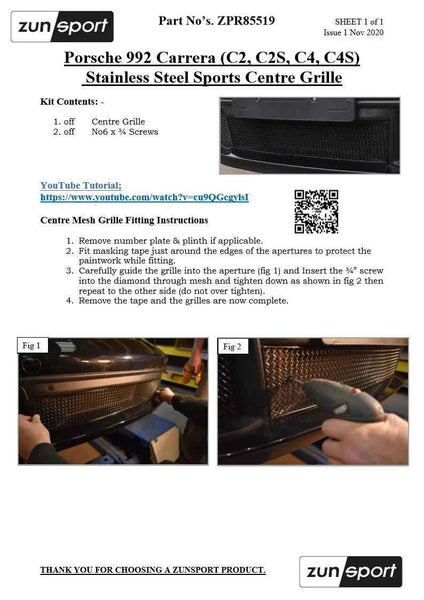 ZUNSPORT ZPR85619P Black Front Grille Set PORSCHE CARRERA 992 C2 C2S C4 C4S 3pcs