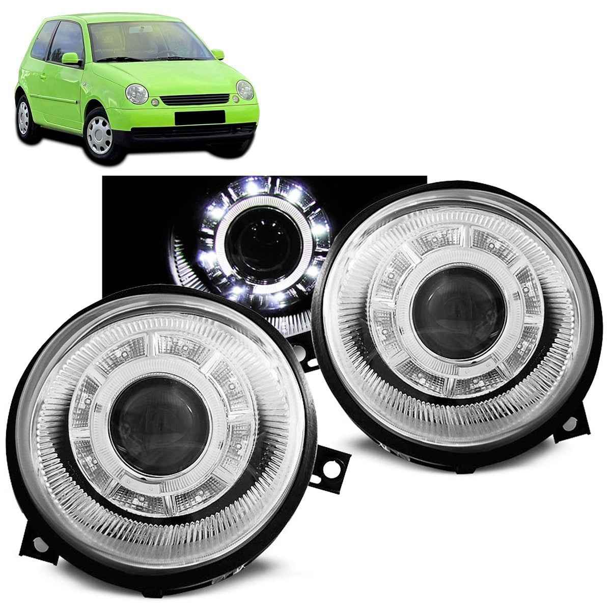 AMCP Pair LED DRL Headlights VW LUPO 98-05 Chrome LHD