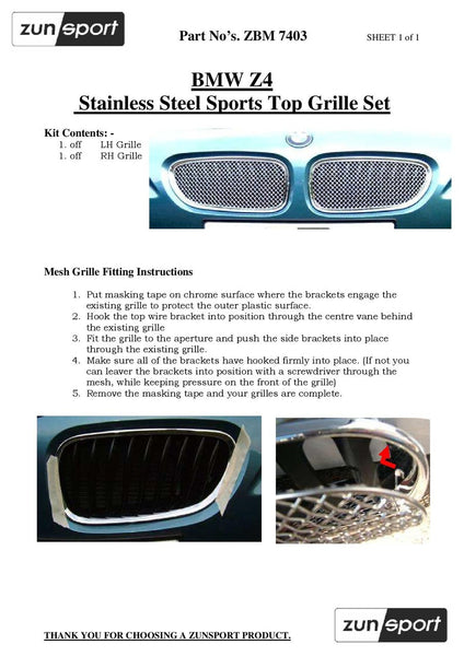 ZUNSPORT ZBM13206B BMW Z4 LCI Front Bumper Kidney & Lower Grille Grill Set Black